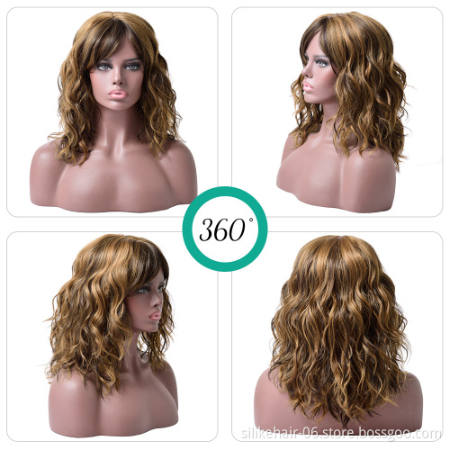 Hot Selling Heat Resistant Ombre Brown Black Blonde Pink Silky Curly Wig For Women Synthetic Short Water Wavy Wigs With Bangs